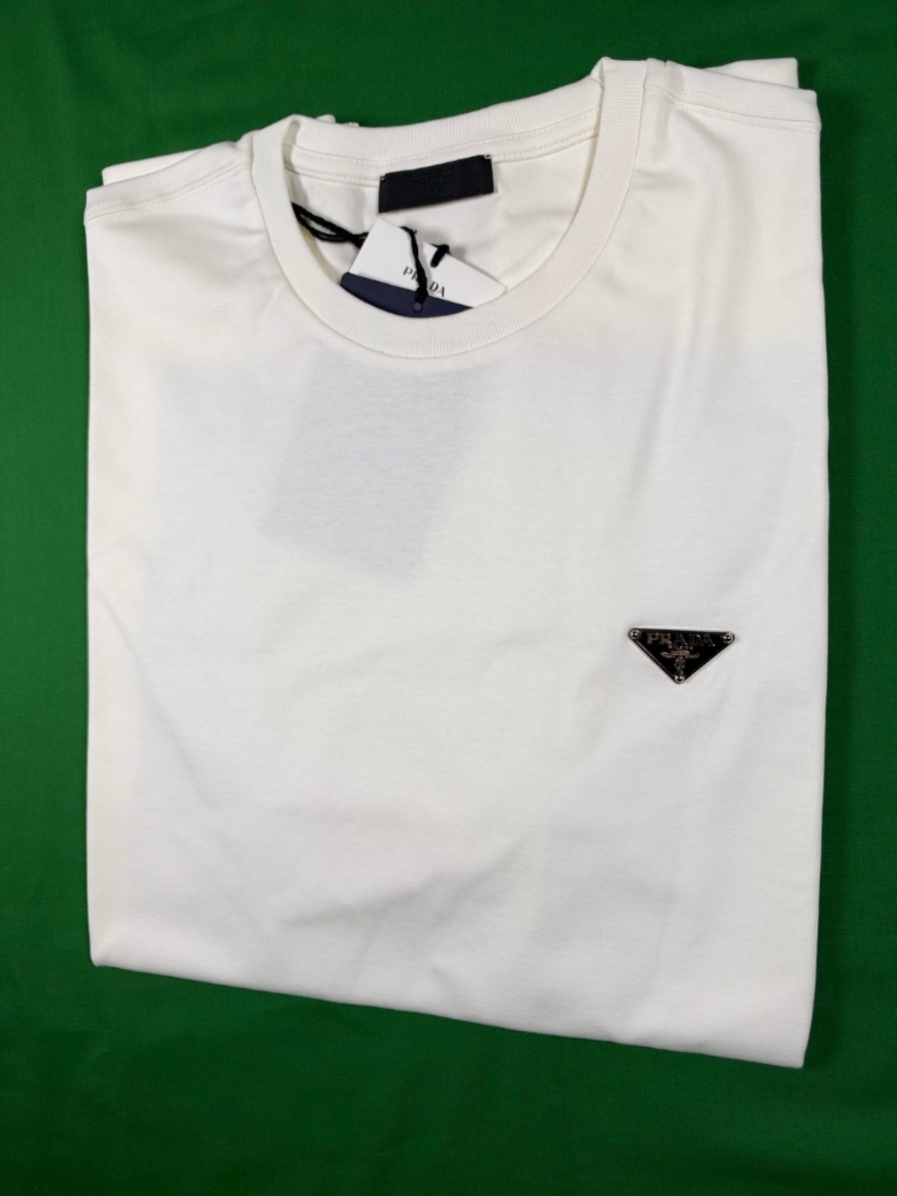 PRADA MEN'S MILKY WHITE COTTON T-SHIRT SIZE LARGE BOXY FIT TRIANGLE LOGO NEW - Picture 11 of 12